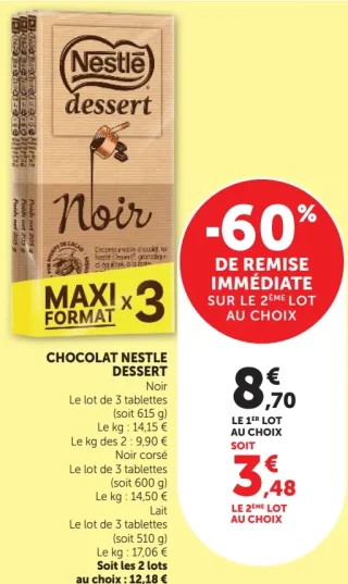 Chocolat Nestle Dessert Noir, Noir corsé ou Lait