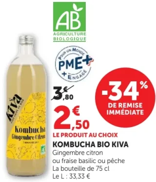 Kombucha Bio Kiva gingembre citron ou fraise basilic ou pêche