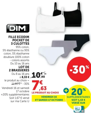 DIM Fille Ecodim Pocket de 3 Culottes ou Lot de 2 Brassières