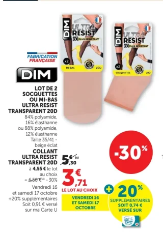 DIM Lot de 2 socquettes ou mi-bas Ultra Resist transparent 20D ou Collant Ultra Resist transparent 20D