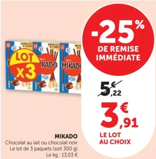MIKADO Chocolat au lait ou chocolat noir Lot de 3 paquets