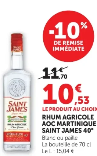 Rhum Agricole AOC Martinique Saint James 40° blanc ou paille
