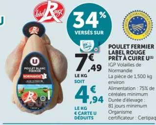 Poulet fermier Label Rouge prêt à cuire U IGP Volailles de Normandie