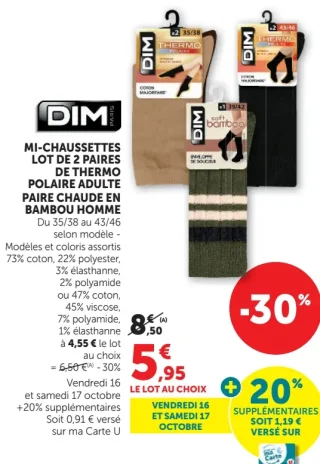 DIM Mi-chaussettes lot de 2 paires de Thermo Polaire adulte ou paire chaude en bambou homme