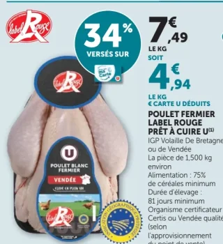 Poulet Fermier Label Rouge Prêt à Cuire U IGP Volaille de Bretagne ou de Vendée