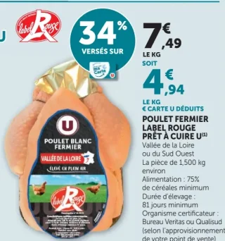Poulet Fermier Label Rouge Prêt à Cuire U Vallée de la Loire ou du Sud Ouest