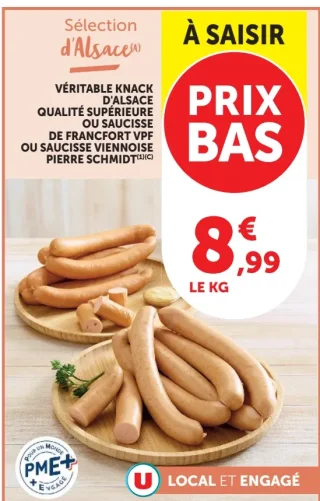 Véritable Knack d'Alsace qualité supérieure ou Saucisse de Francfort VPF ou Saucisse viennoise Pierre Schmidt