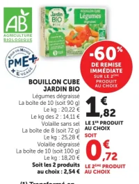 Bouillon cube Jardin Bio Légumes dégraissé ou Volaille dégraissé