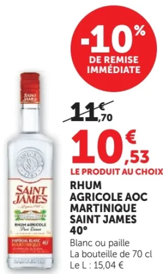 Rhum agricole AOC Martinique Saint James 40° Blanc ou paille