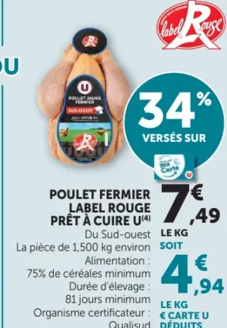 Poulet fermier Label Rouge prêt à cuire U Sud-Ouest
