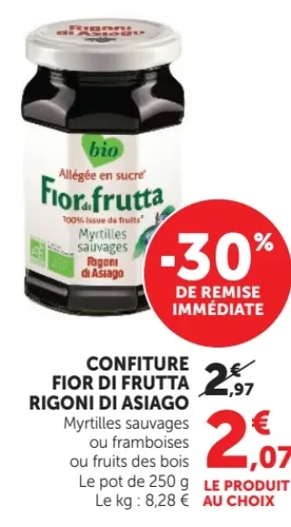 CONFITURE FIOR DI FRUTTA RIGONI DI ASIAGO Myrtilles sauvages ou framboises ou fruits des bois