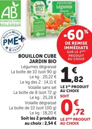 Bouillon Cube Jardin Bio Légumes dégraissé, Volaille sans sel ou Volaille dégraissé