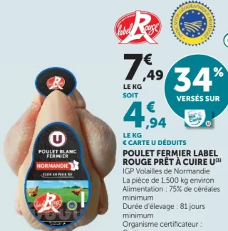 Poulet fermier label rouge prêt à cuire U Normandie