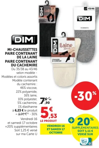DIM Mi-chaussettes paire contenant de la laine / paire contenant du cachemire