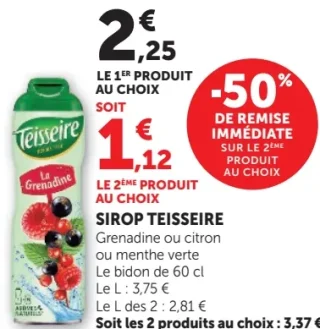 Sirop Teisseire Grenadine ou citron ou menthe verte