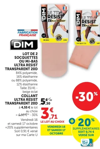 DIM Lot de 2 Socquettes ou Mi-bas Ultra Resist Transparent 20D / Collant Ultra Resist Transparent 20D