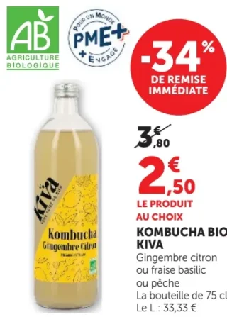 Kombucha Bio Kiva Gingembre citron ou fraise basilic ou pêche