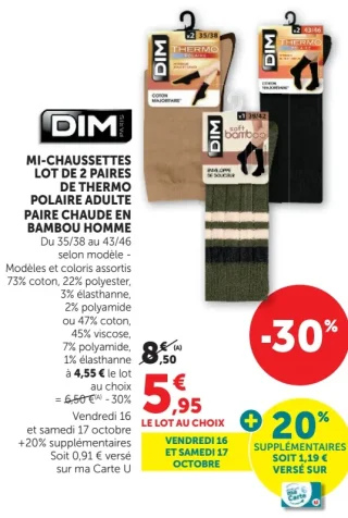 DIM Mi-chaussettes lot de 2 paires de thermo polaire adulte / paire chaude en bambou homme