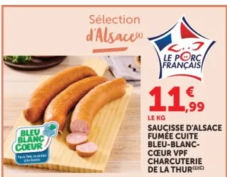 Saucisse d'Alsace Fumée Cuite Bleu-Blanc-Cœur VPF Charcuterie de la Thur