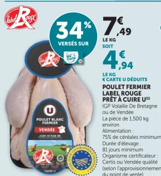 Poulet Fermier Label Rouge Prêt à Cuire U (IGP Volaille de Bretagne ou de Vendée)