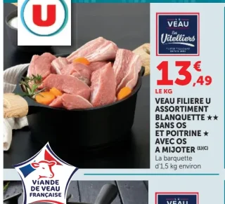 Veau Filière U Assortiment Blanquette sans os et poitrine avec os à mijoter