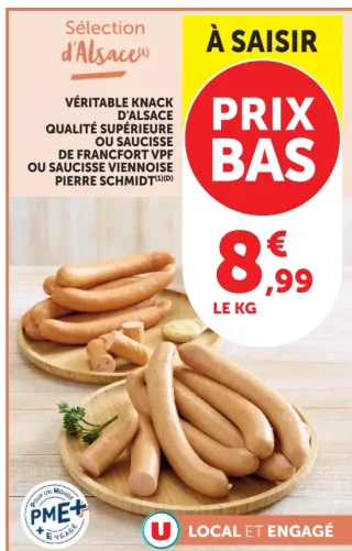 Véritable Knack d'Alsace de qualité supérieure ou Saucisse de Francfort VPF ou Saucisse Viennoise Pierre Schmidt