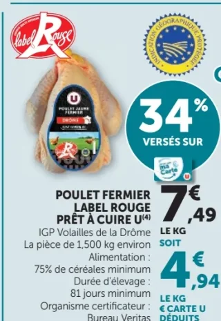 Poulet Fermier Label Rouge Prêt à Cuire U IGP Volailles de la Drôme
