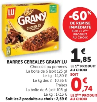 Barres céréales Grany LU Chocolat