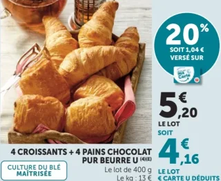 4 Croissants + 4 Pains au chocolat pur beurre U