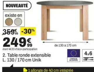 Table ronde extensible L. 130/170 cm Unik