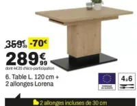 Table L. 120 cm + 2 allonges Lorena