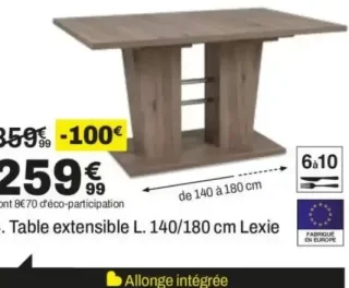 Table extensible L. 140/180 cm Lexie