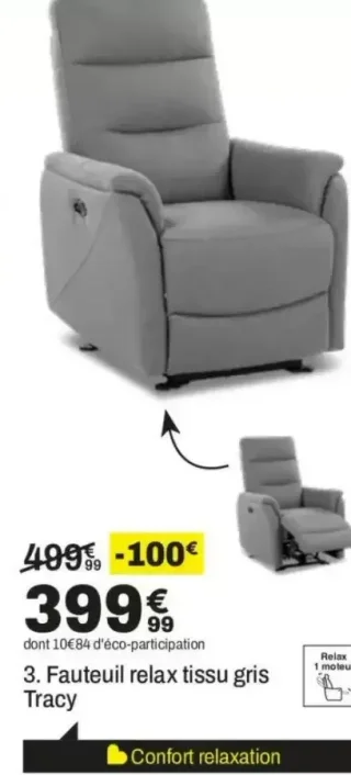 Fauteuil relax tissu gris Tracy