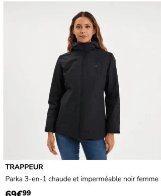 Parka 3-en-1 chaude et imperméable noir femme TRAPPEUR