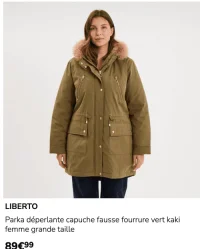 Parka déperlante capuche fausse fourrure vert kaki femme grande taille LIBERTO