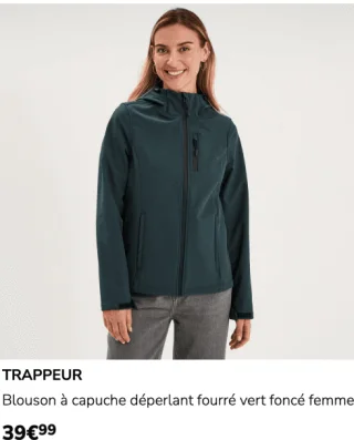 TRAPPEUR Blouson à capuche déperlant fourré vert foncé femme