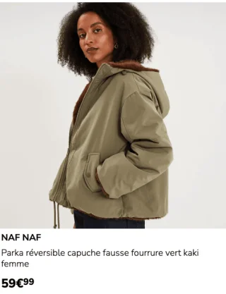 NAF NAF Parka réversible capuche fausse fourrure vert kaki femme