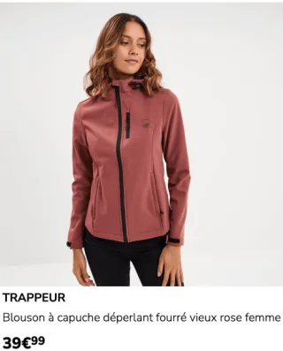 TRAPPEUR Blouson à capuche déperlant fourré vieux rose femme