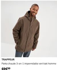 Parka chaude 3-en-1 imperméable vert kaki homme Trappeur