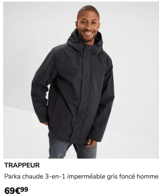 Parka chaude 3-en-1 imperméable gris foncé homme Trappeur