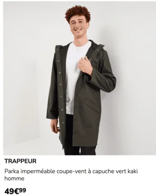 Parka imperméable coupe-vent à capuche vert kaki homme Trappeur