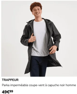 Parka imperméable coupe-vent à capuche noir homme Trappeur