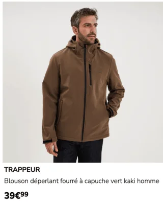Blouson déperlant fourré à capuche vert kaki homme TRAPPEUR