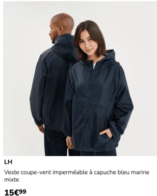 Veste coupe-vent imperméable à capuche bleu marine mixte LH