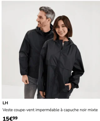 Veste coupe-vent imperméable à capuche noir mixte LH