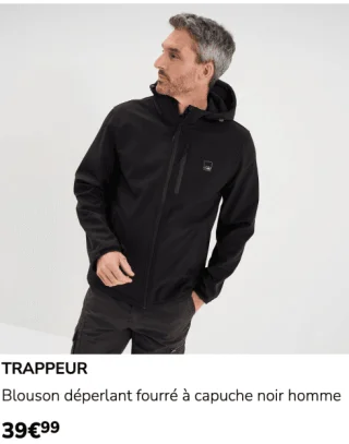 TRAPPEUR Blouson déperlant fourré à capuche noir homme