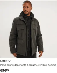 LIBERTO Parka courte déperlante à capuche vert kaki homme