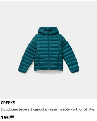 CREEKS Doudoune légère à capuche imperméable vert foncé fille