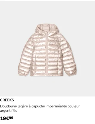 CREEKS Doudoune légère à capuche imperméable couleur argent fille