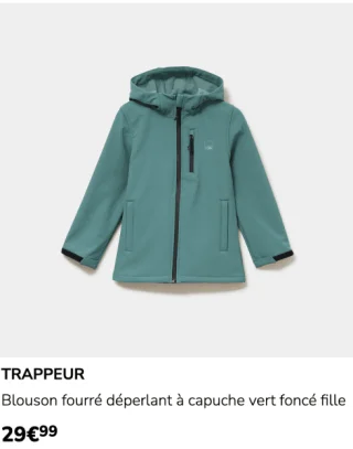 TRAPPEUR Blouson fourré déperlant à capuche vert foncé fille